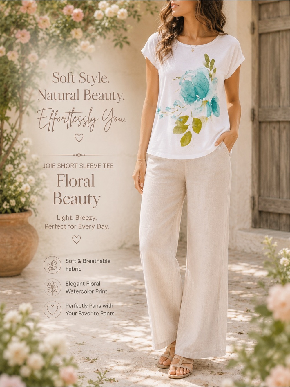 Joie White Linen Tee with Aqua Floral and Olive Leaves